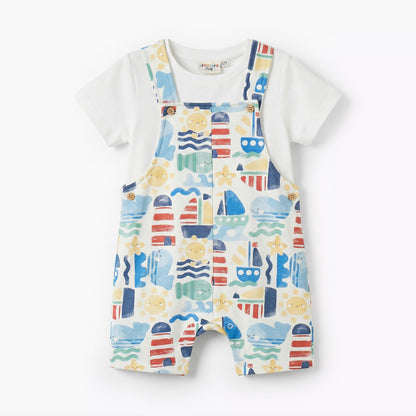 Juniors Crew Neck Short Sleeves T-shirt and Dungaree Set with Marine Print - Multicolour / 24-36 mths