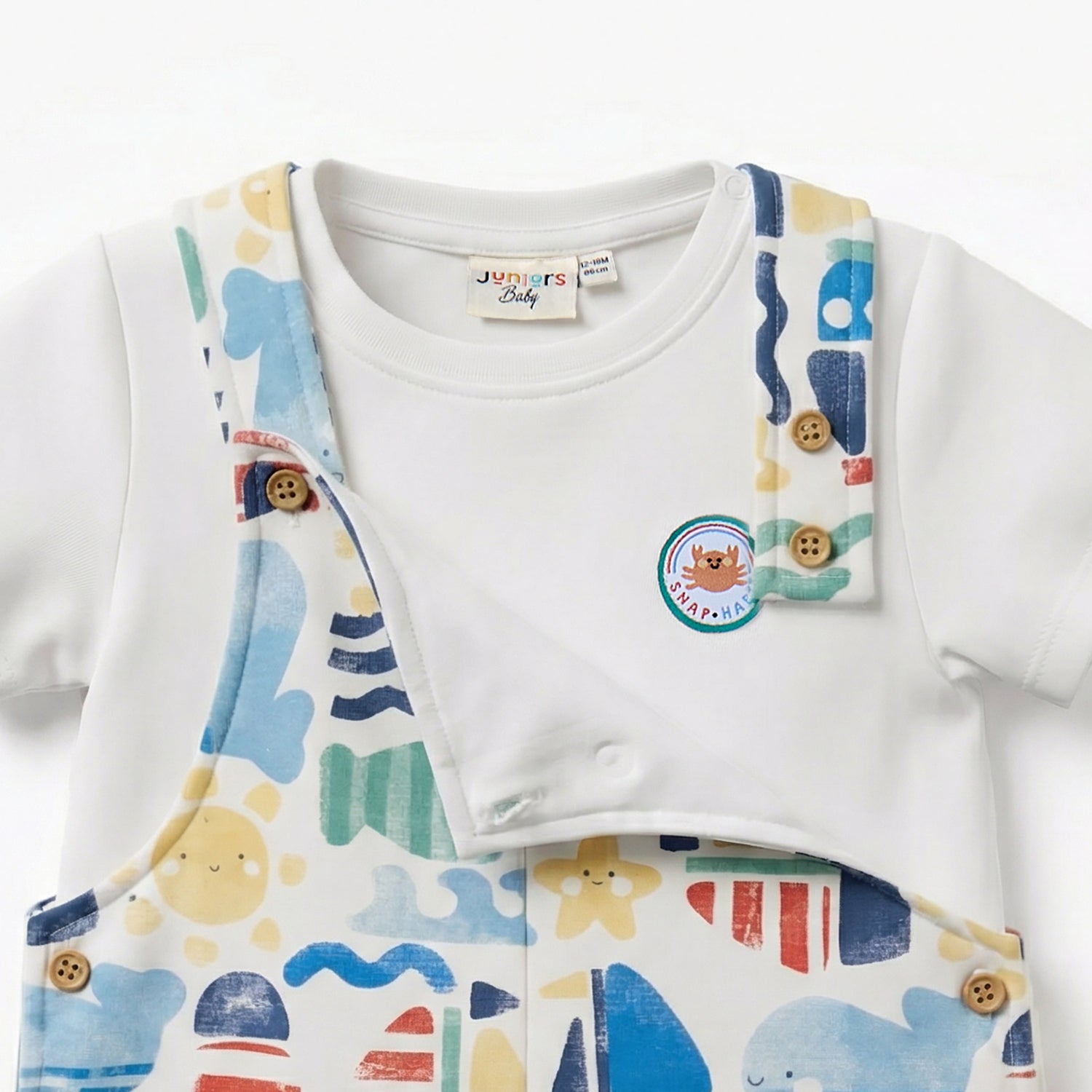 Juniors Crew Neck Short Sleeves T-shirt and Dungaree Set with Marine Print