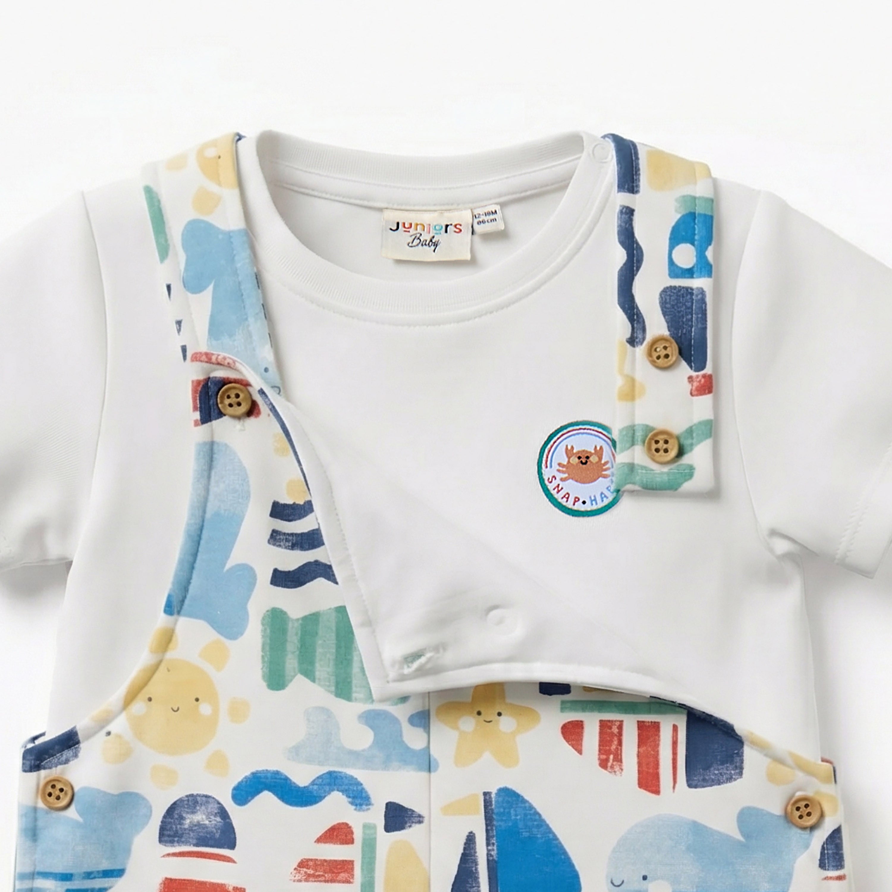Juniors Crew Neck Short Sleeves T-shirt and Dungaree Set with Marine Print