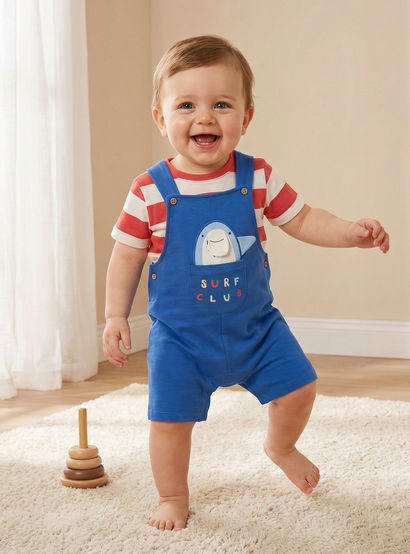 Juniors Crew Neck Short Sleeve T-shirt and Dungaree Set with Snap Button Closure-baby-boys-clothing-setsandcoords-image-1