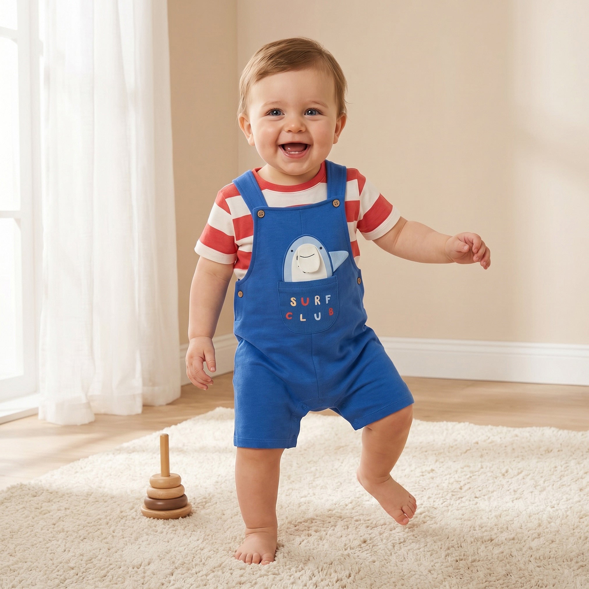 Juniors Crew Neck Short Sleeve T-shirt and Dungaree Set with Snap Button Closure - Multicolour / 12-18 mths