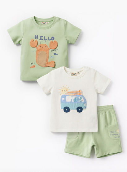 Set of 3 Juniors Crew Neck Short Sleeves T-shirt and Shorts Set with Applique Accent-baby-boys-clothing-setsandcoords-image-1