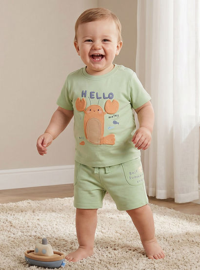 Set of 3 Juniors Crew Neck Short Sleeves T-shirt and Shorts Set with Applique Accent-baby-boys-clothing-setsandcoords-image-2