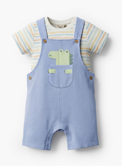 Juniors Crew Neck Short Sleeves T-shirt and Dungaree set with Dinosaur Applique-baby-boys-clothing-setsandcoords-image-2