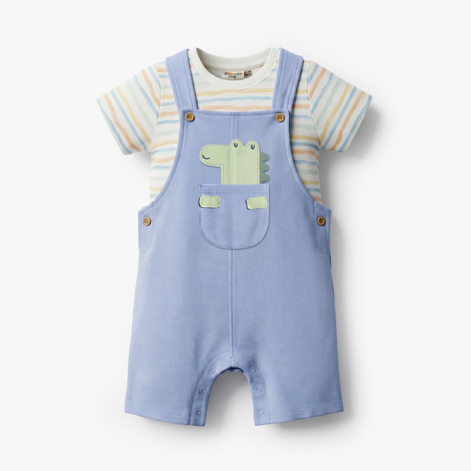 Juniors Crew Neck Short Sleeves T-shirt and Dungaree set with Dinosaur Applique - Multicolour / 12-18 mths