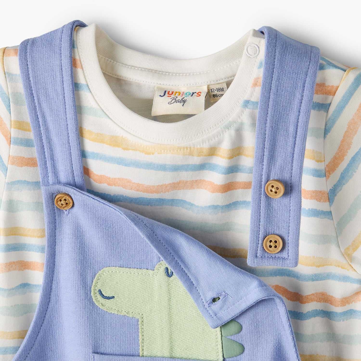 Juniors Crew Neck Short Sleeves T-shirt and Dungaree set with Dinosaur Applique