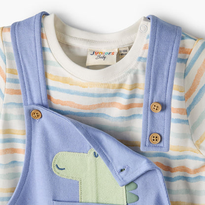 Juniors Crew Neck Short Sleeves T-shirt and Dungaree set with Dinosaur Applique