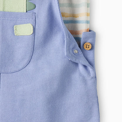 Juniors Crew Neck Short Sleeves T-shirt and Dungaree set with Dinosaur Applique