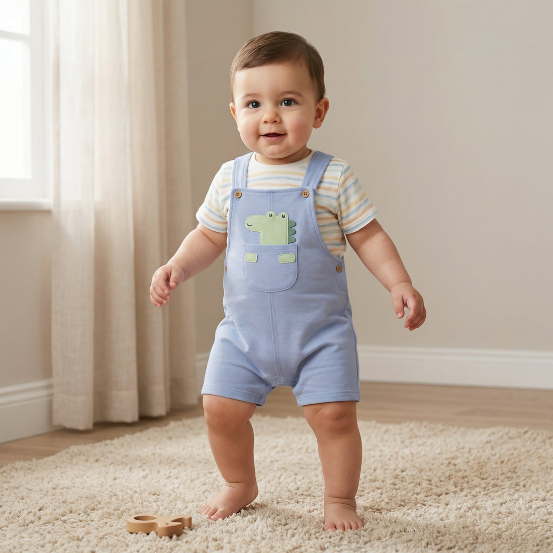 Juniors Crew Neck Short Sleeves T-shirt and Dungaree set with Dinosaur Applique - Multicolour / 12-18 mths
