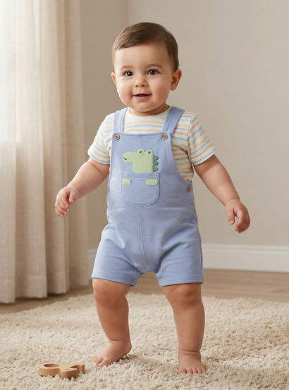 Juniors Crew Neck Short Sleeves T-shirt and Dungaree set with Dinosaur Applique-baby-boys-clothing-setsandcoords-image-1