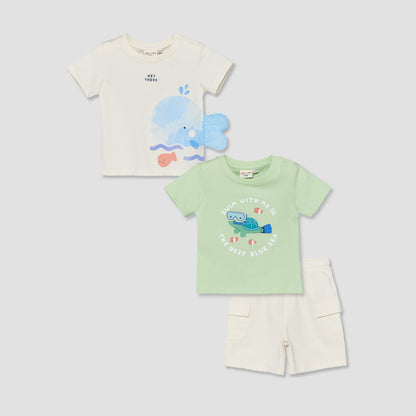 Set of 3 Juniors Crew Neck Short Sleeves T-shirt and Shorts Set with Applique Detail - Multicolour / 12-18 mths