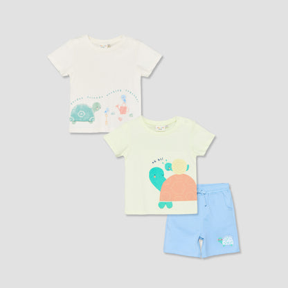 Set of 3 Juniors Crew Neck Short Sleeves T-shirt and Shorts Set with Applique Detail - Multicolour / 12-18 mths