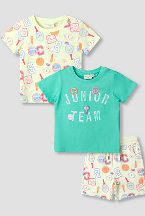 Set of 3 Juniors Round Neck Short Sleeve T-shirt and Shorts Set with Print
