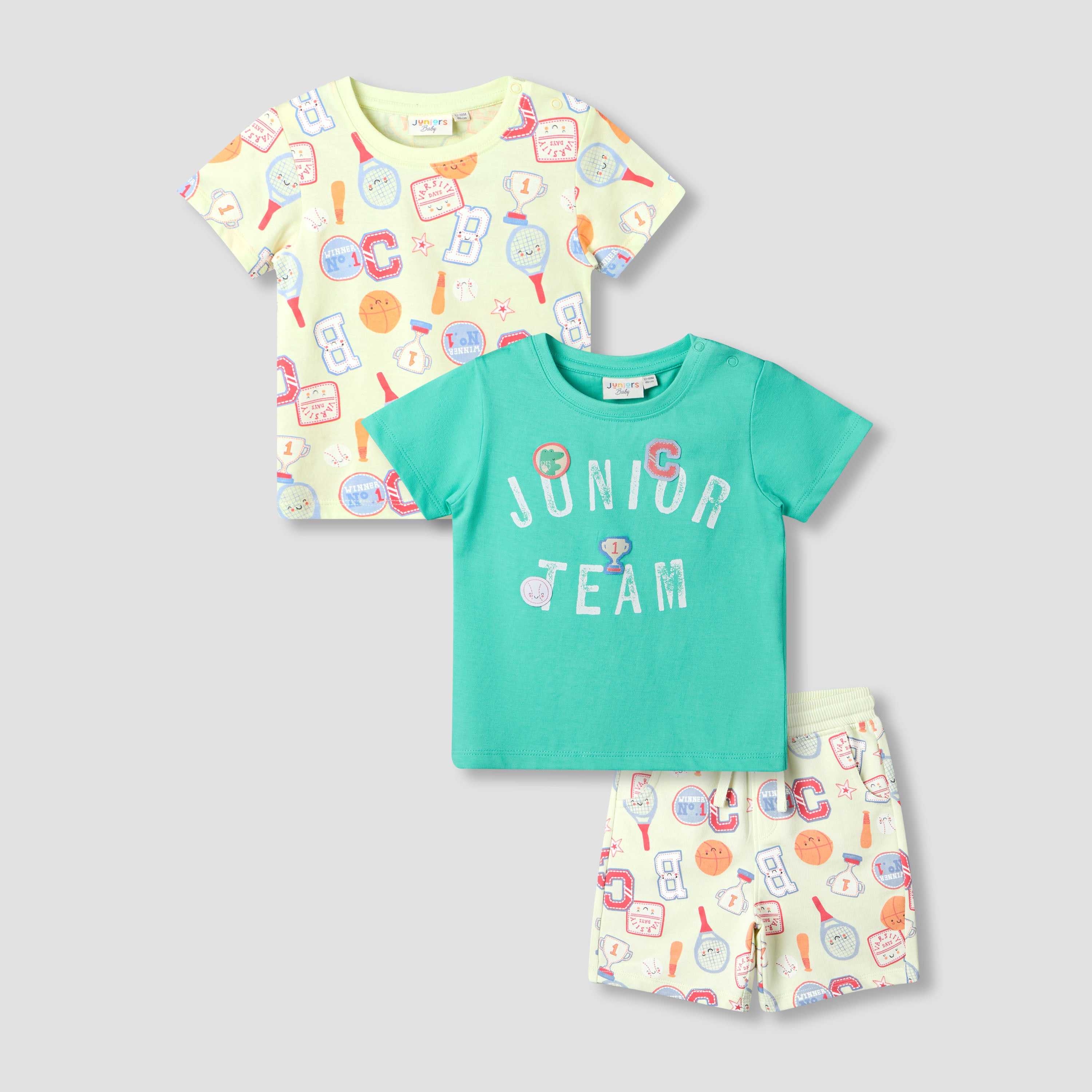Set of 3 Juniors Round Neck Short Sleeve T-shirt and Shorts Set with Print - Multicolour / 12-18 mths