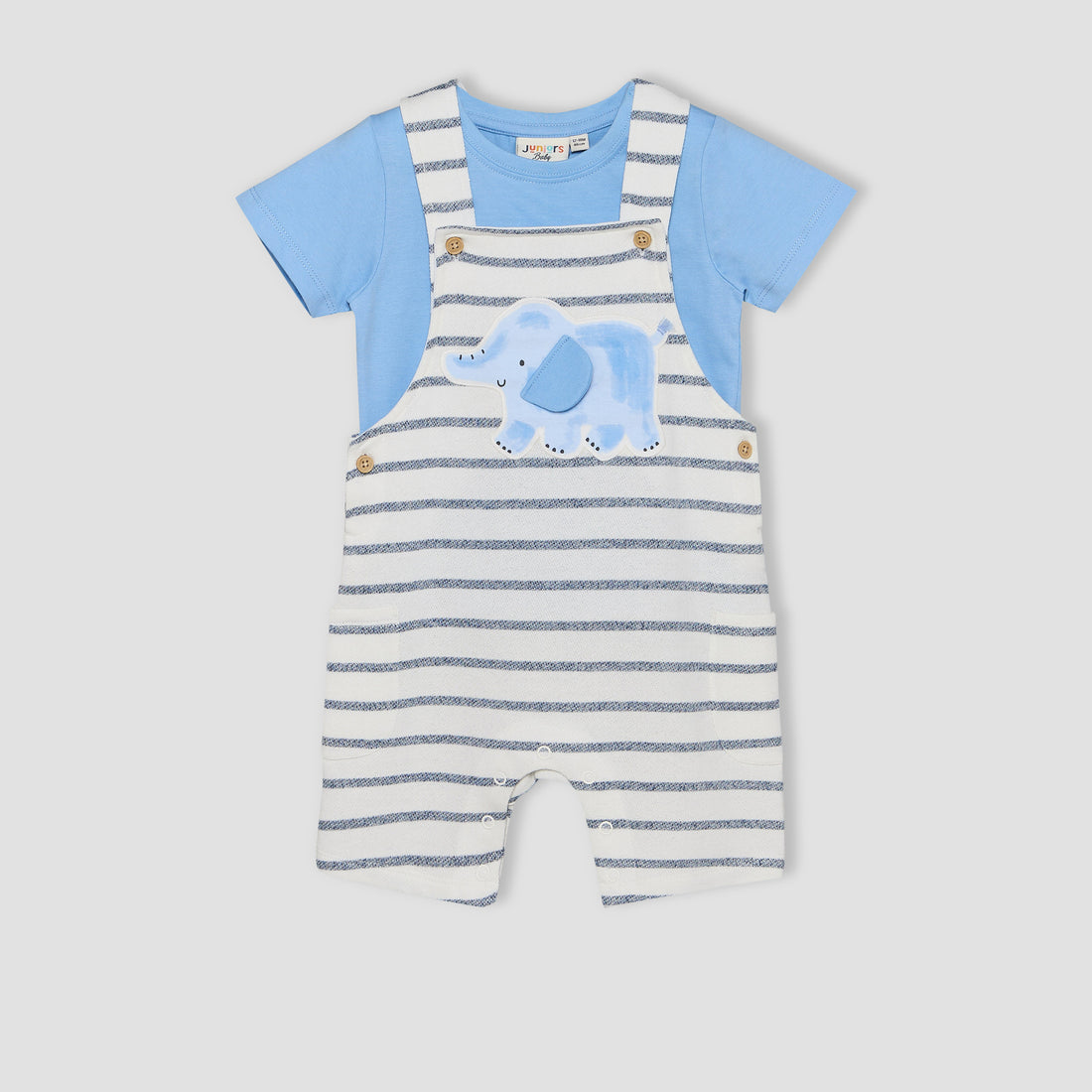 Juniors Crew Neck Short Sleeves T-shirt and Dungaree Set with Elephant Applique - Multicolour / 12-18 mths