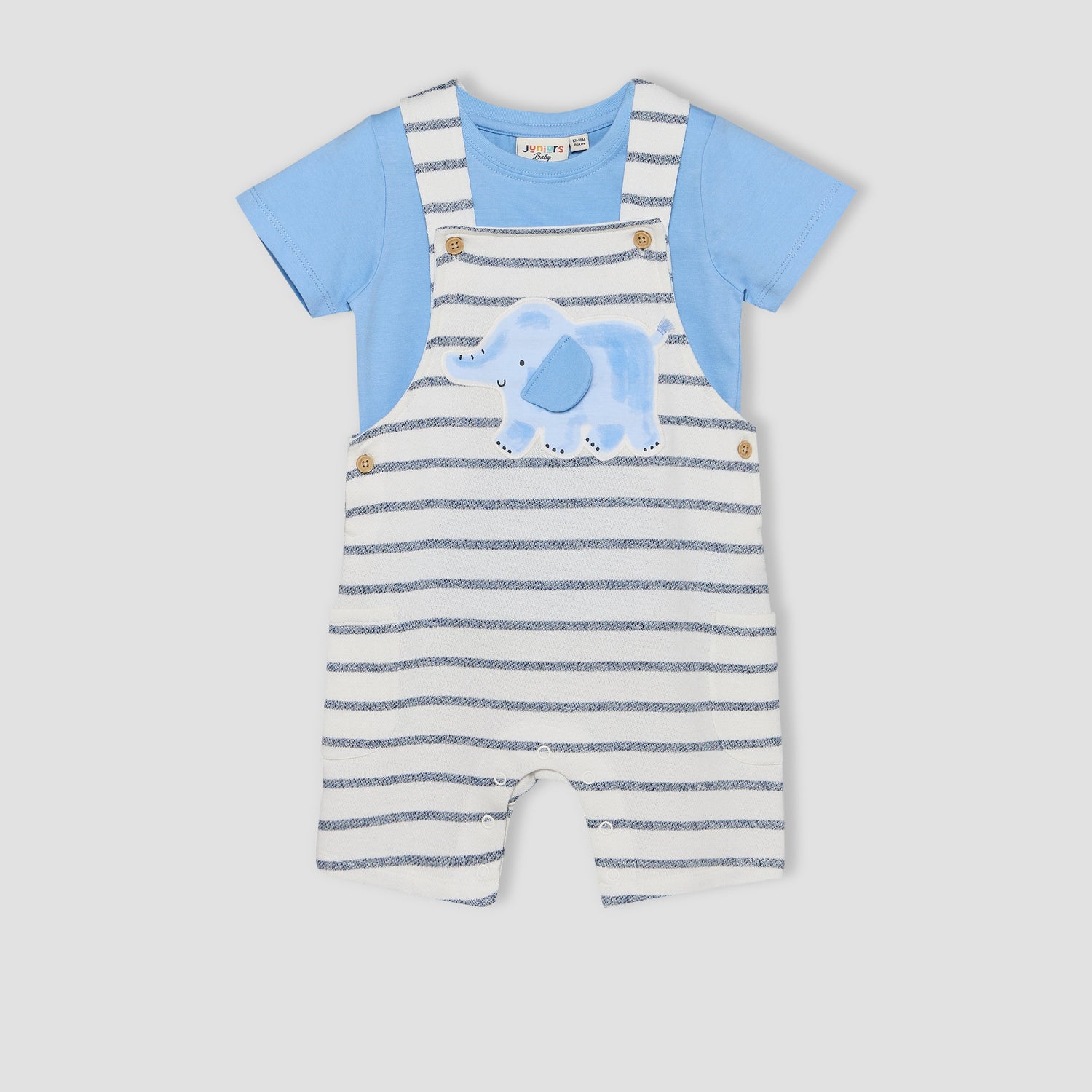 Juniors Crew Neck Short Sleeves T-shirt and Dungaree Set with Elephant Applique - Multicolour / 12-18 mths