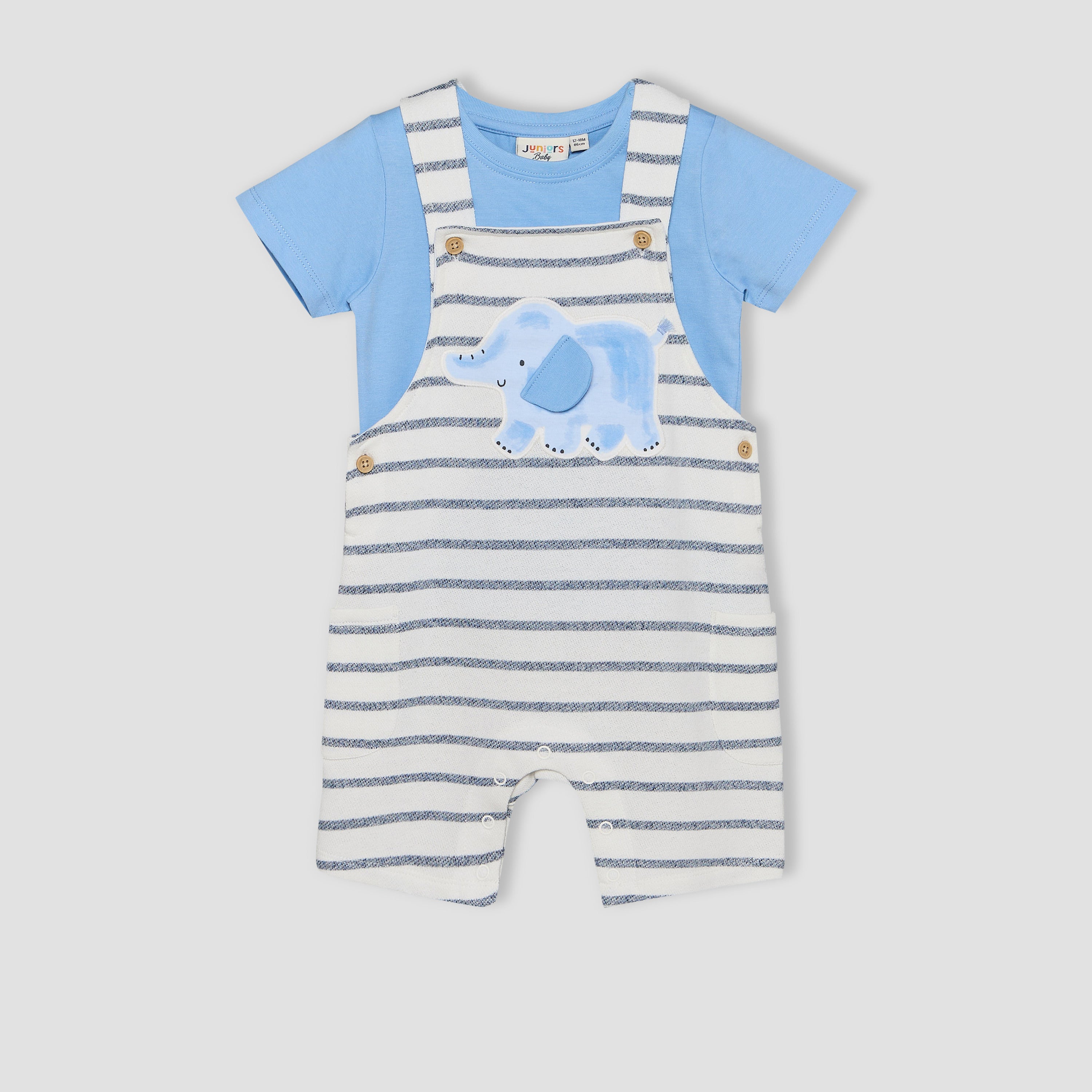 Juniors Crew Neck Short Sleeves T-shirt and Dungaree Set with Elephant Applique - Multicolour / 12-18 mths