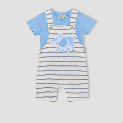 Juniors Crew Neck Short Sleeves T-shirt and Dungaree Set with Elephant Applique - Multicolour / 12-18 mths