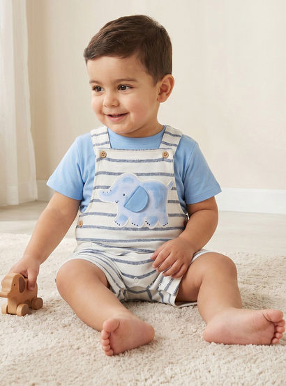 Juniors Crew Neck Short Sleeves T-shirt and Dungaree Set with Elephant Applique-baby-boys-clothing-setsandcoords-image-1