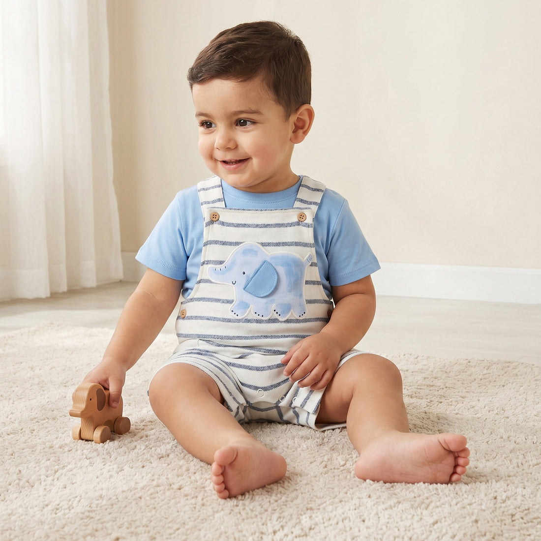 Juniors Crew Neck Short Sleeves T-shirt and Dungaree Set with Elephant Applique - Multicolour / 12-18 mths