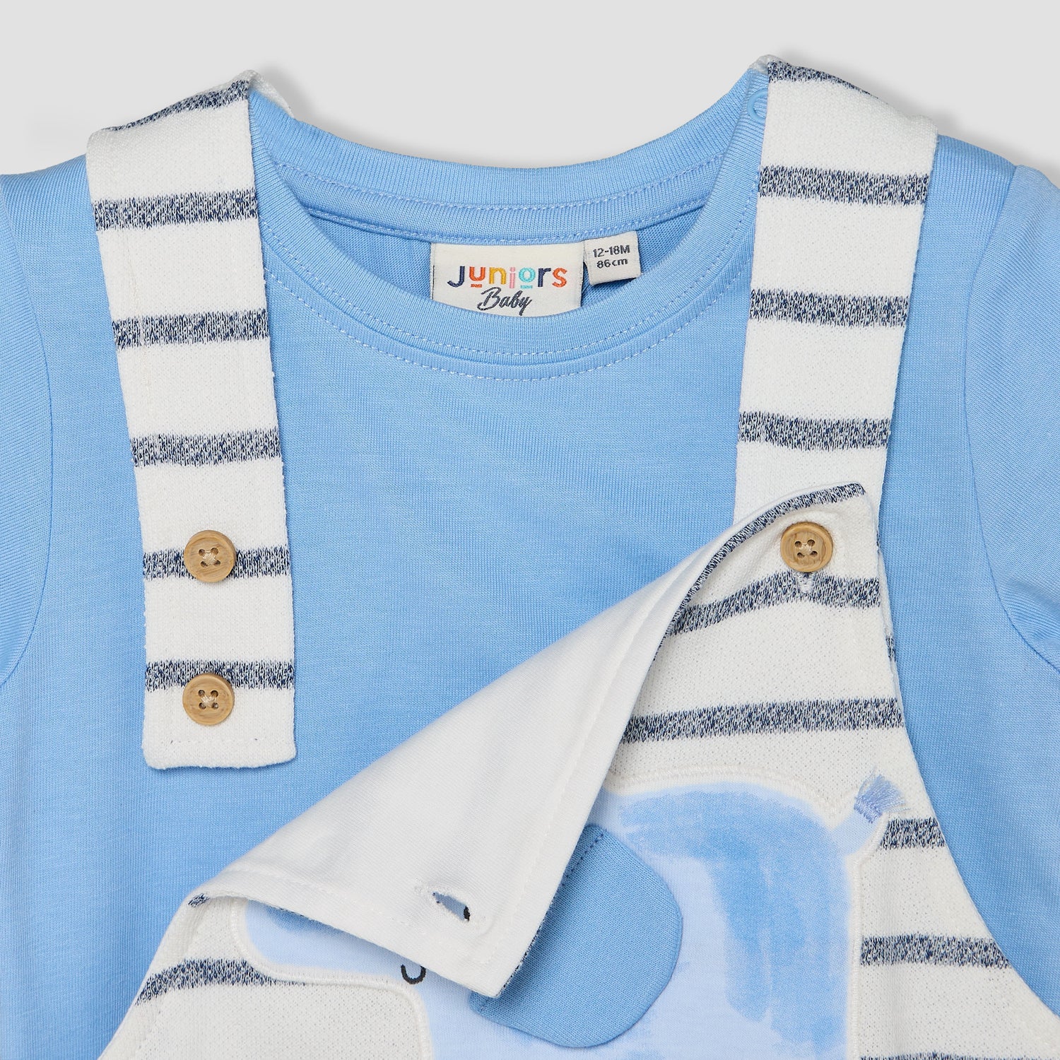 Juniors Crew Neck Short Sleeves T-shirt and Dungaree Set with Elephant Applique