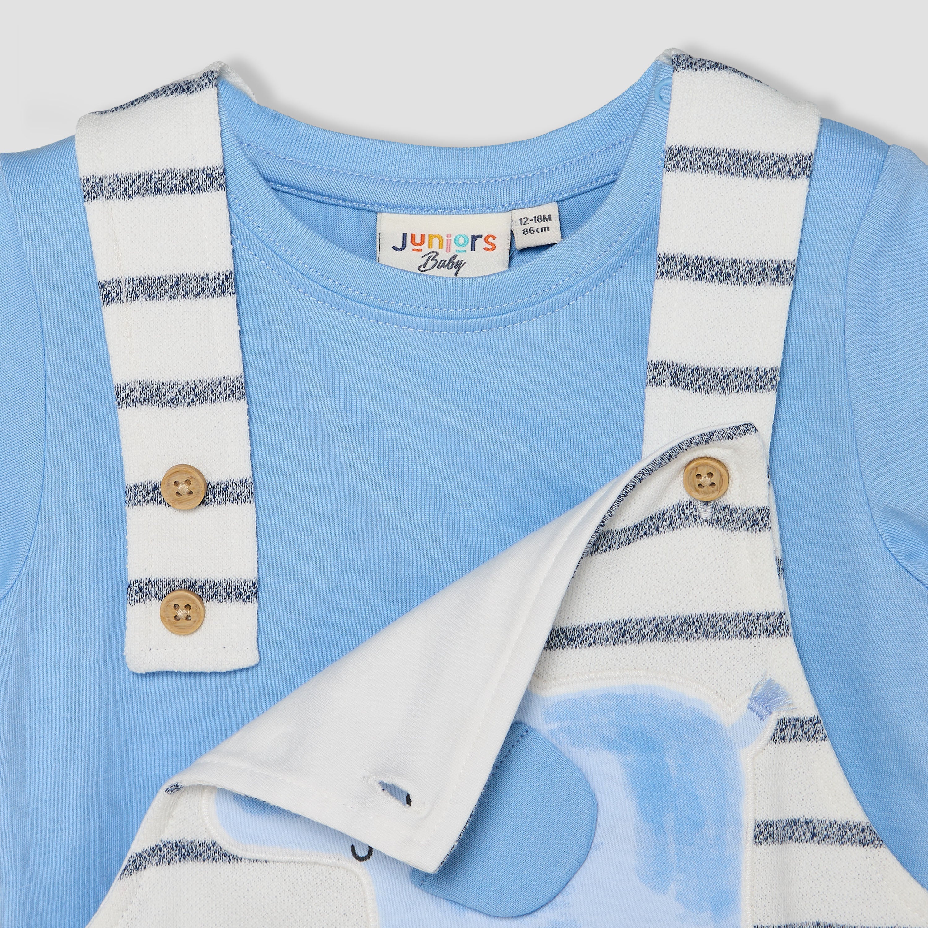 Juniors Crew Neck Short Sleeves T-shirt and Dungaree Set with Elephant Applique
