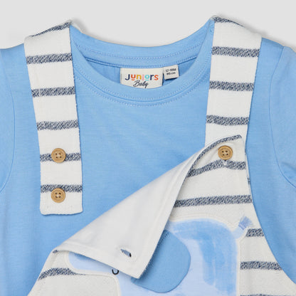 Juniors Crew Neck Short Sleeves T-shirt and Dungaree Set with Elephant Applique