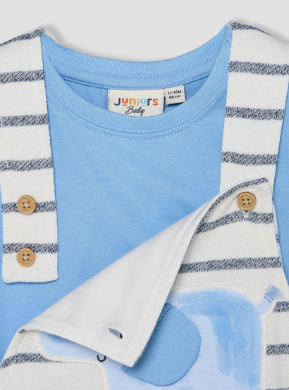 Juniors Crew Neck Short Sleeves T-shirt and Dungaree Set with Elephant Applique-baby-boys-clothing-setsandcoords-image-6