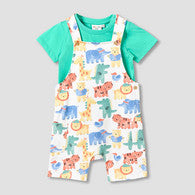 Juniors Crew Neck Short Sleeves T-shirt and Dungaree Set with Safari Print-undefined-image-1
