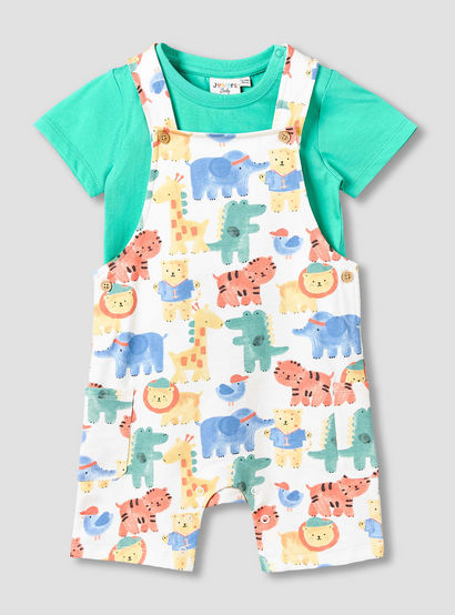 Juniors Crew Neck Short Sleeves T-shirt and Dungaree Set with Safari Print-baby-boys-clothing-setsandcoords-image-2