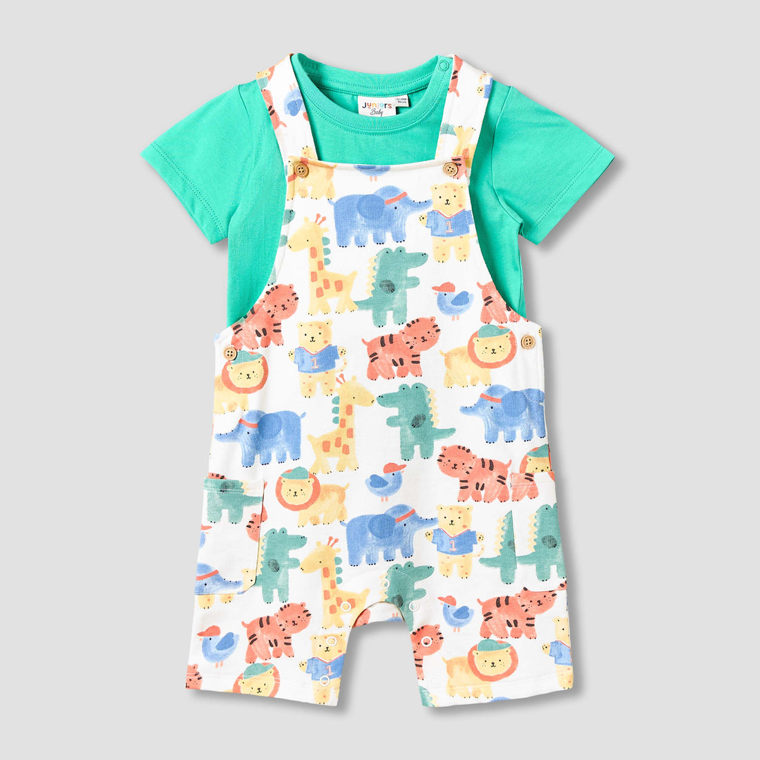 Juniors Crew Neck Short Sleeves T-shirt and Dungaree Set with Safari Print