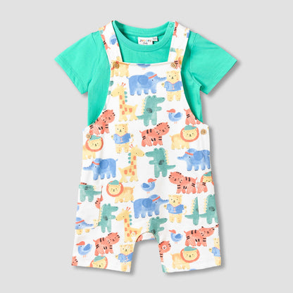 Juniors Crew Neck Short Sleeves T-shirt and Dungaree Set with Safari Print