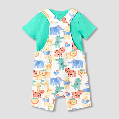 Juniors Crew Neck Short Sleeves T-shirt and Dungaree Set with Safari Print
