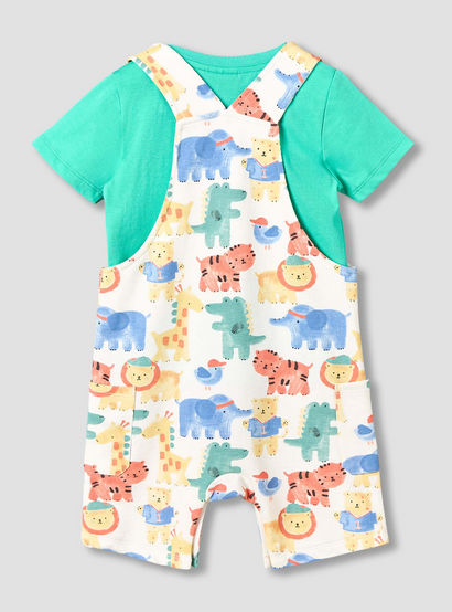 Juniors Crew Neck Short Sleeves T-shirt and Dungaree Set with Safari Print-baby-boys-clothing-setsandcoords-image-3
