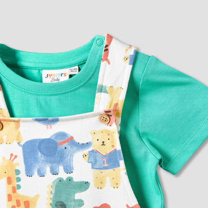 Juniors Crew Neck Short Sleeves T-shirt and Dungaree Set with Safari Print