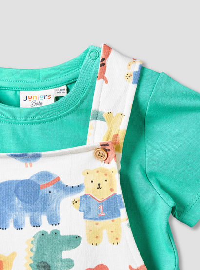 Juniors Crew Neck Short Sleeves T-shirt and Dungaree Set with Safari Print-baby-boys-clothing-setsandcoords-image-7