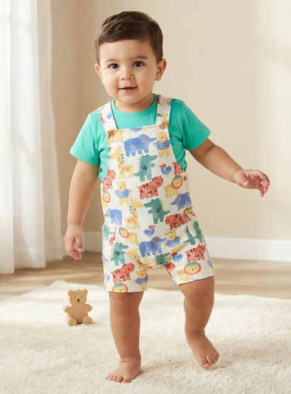 Juniors Crew Neck Short Sleeves T-shirt and Dungaree Set with Safari Print-baby-boys-clothing-setsandcoords-image-1