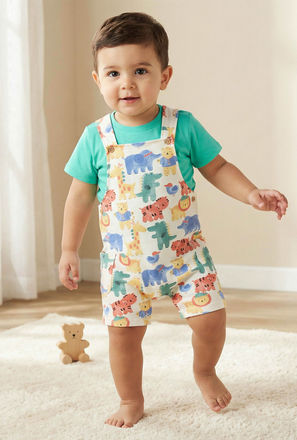 Juniors Crew Neck Short Sleeves T-shirt and Dungaree Set with Safari Print