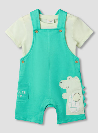 Juniors Round Neck Short Sleeve T-shirt and Dungaree Set with Alligator Applique-baby-boys-clothing-setsandcoords-image-2