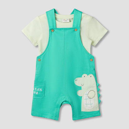 Juniors Round Neck Short Sleeve T-shirt and Dungaree Set with Alligator Applique