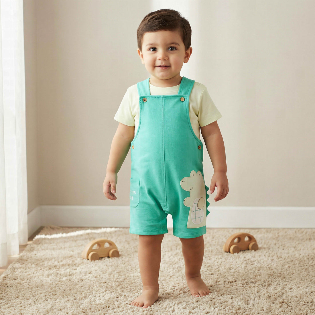 Juniors Round Neck Short Sleeve T-shirt and Dungaree Set with Alligator Applique - Multicolour / 12-18 mths