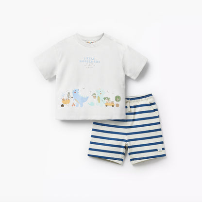 Juniors Crew Neck Short Sleeves T-shirt and Shorts Set with Print - White / 12-18 mths