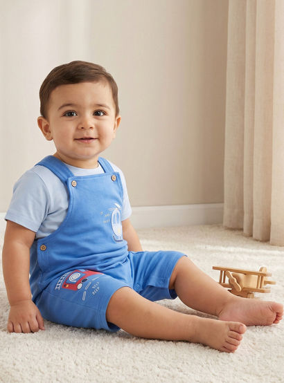 Juniors Crew Neck Short Sleeves T-shirt and Dungaree Set with Vehicle Applique-baby-boys-clothing-setsandcoords-image-1