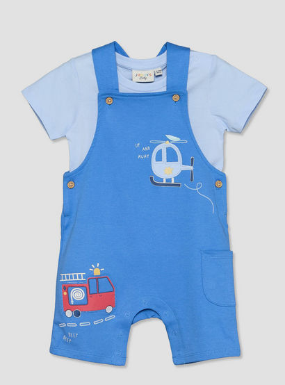 Juniors Crew Neck Short Sleeves T-shirt and Dungaree Set with Vehicle Applique-baby-boys-clothing-setsandcoords-image-2