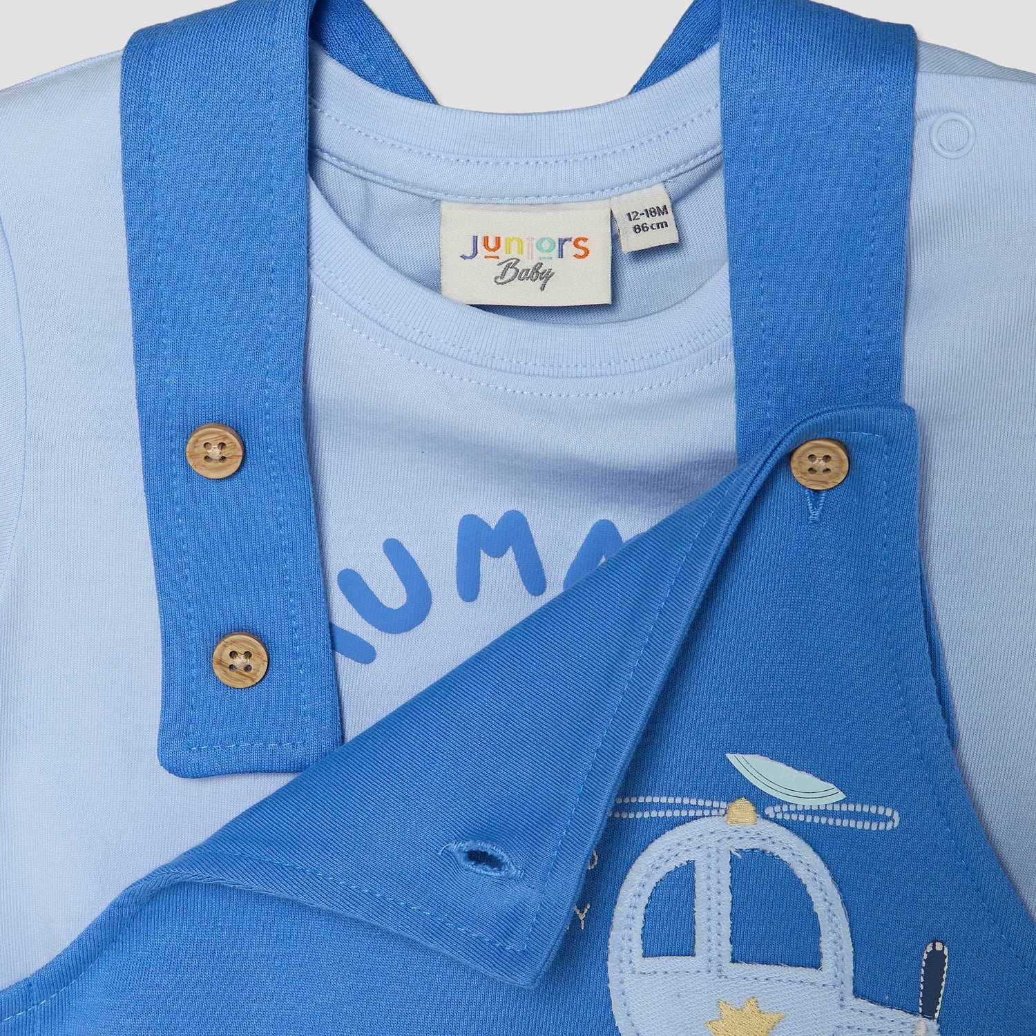 Juniors Crew Neck Short Sleeves T-shirt and Dungaree Set with Vehicle Applique