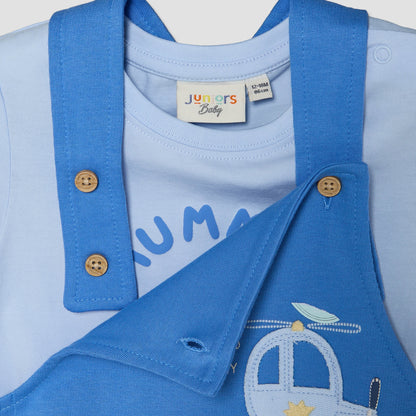 Juniors Crew Neck Short Sleeves T-shirt and Dungaree Set with Vehicle Applique