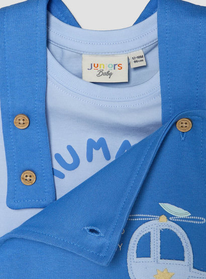 Juniors Crew Neck Short Sleeves T-shirt and Dungaree Set with Vehicle Applique-baby-boys-clothing-setsandcoords-image-5