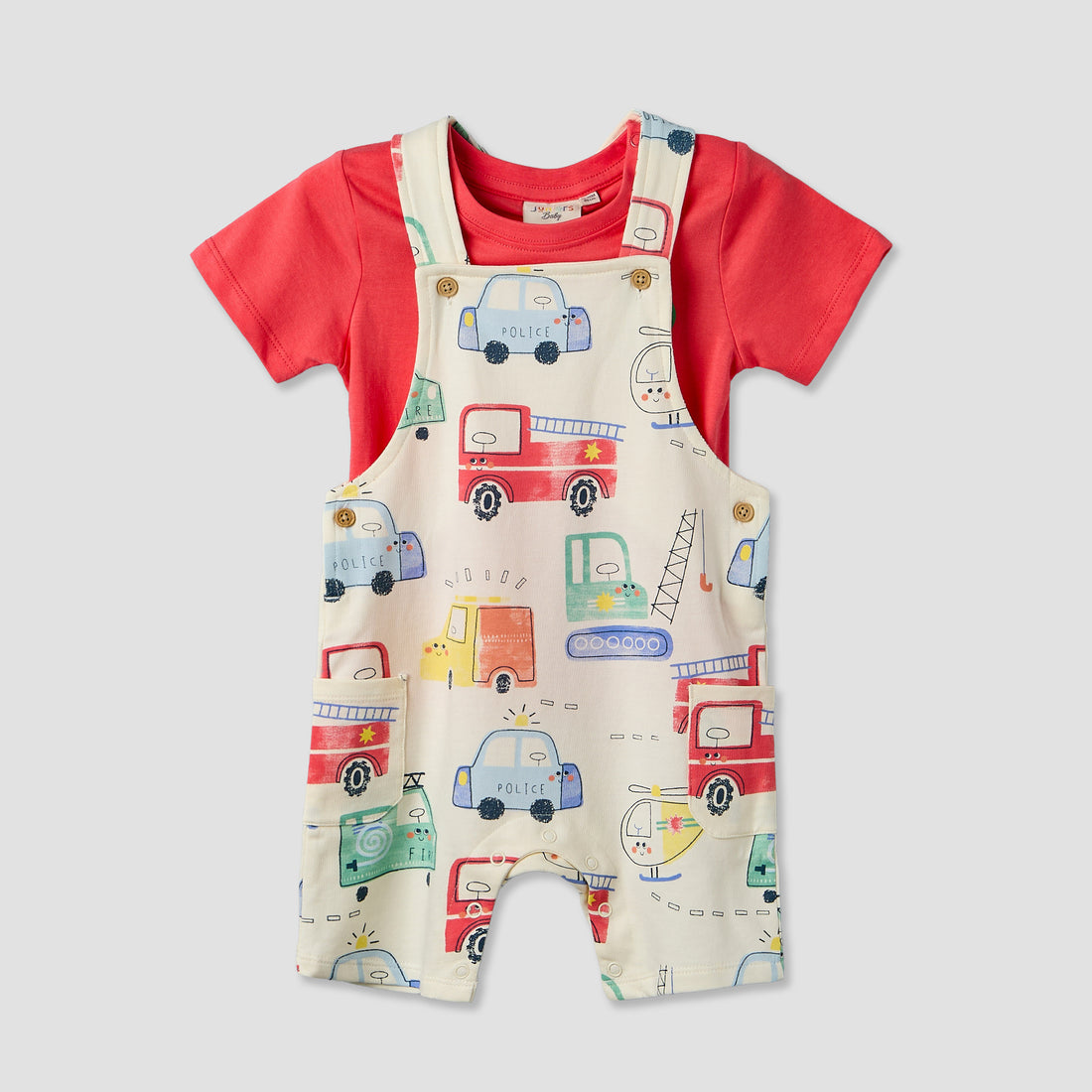 Juniors Crew Neck Short Sleeves T-shirt and Dungaree Set with Vehicle Print - Multicolour / 12-18 mths