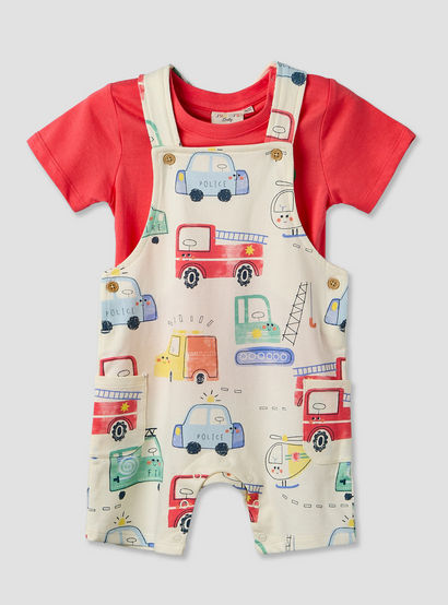Juniors Crew Neck Short Sleeves T-shirt and Dungaree Set with Vehicle Print-baby-boys-clothing-setsandcoords-image-2