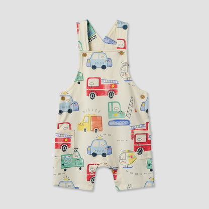 Juniors Crew Neck Short Sleeves T-shirt and Dungaree Set with Vehicle Print